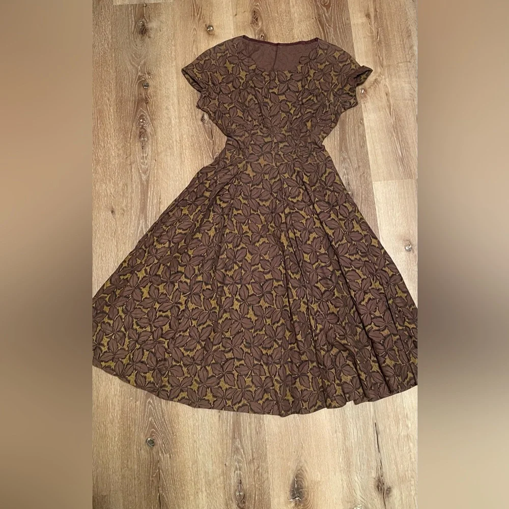 1950’s vintage brown gold fall leaves dress retro full circle skirt XS VLV pinup - Picture 3 of 11